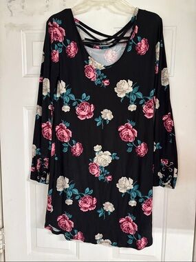 No Boundaries Black Long Sleeve Floral Tunic with Pink & Cream Roses